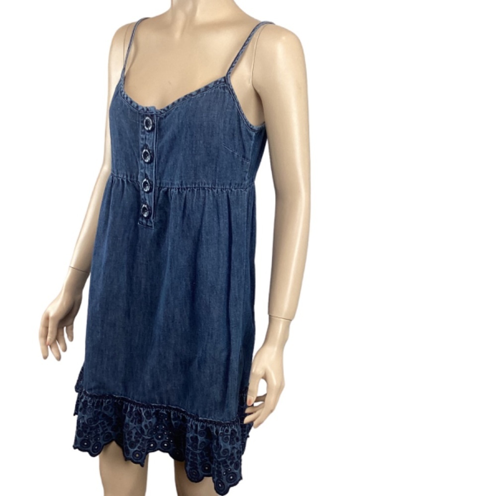 Juicy Couture Linen Blend Dress Size 4 Denim Feel Eyelet Embroidery Trim - Picture 2 of 9